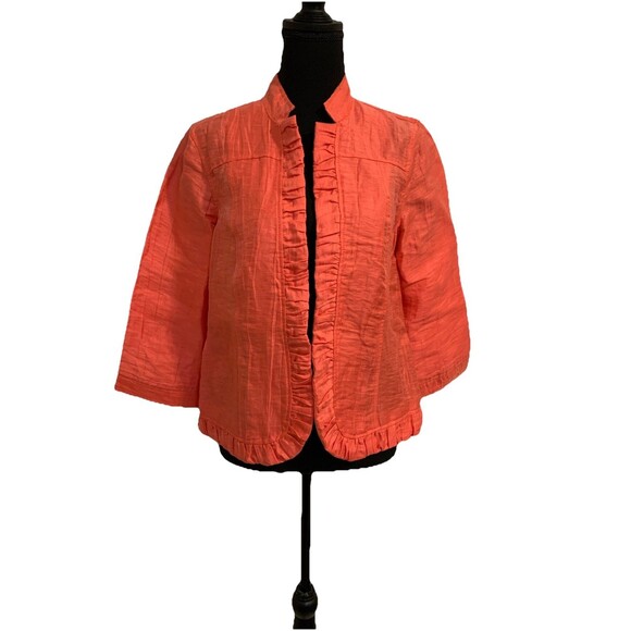 CHICOS Size 0 Womens Small S Linen Blend Top Ruffle Trim Jacket Coral Crinkle - Picture 1 of 7